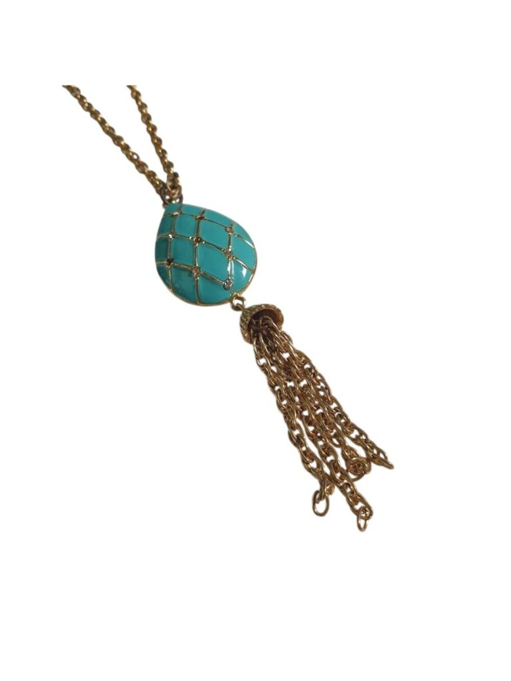 Teal Blue Gold Tone Teardrop Pendant Necklace Tassel Enamel Plated Chain Closure